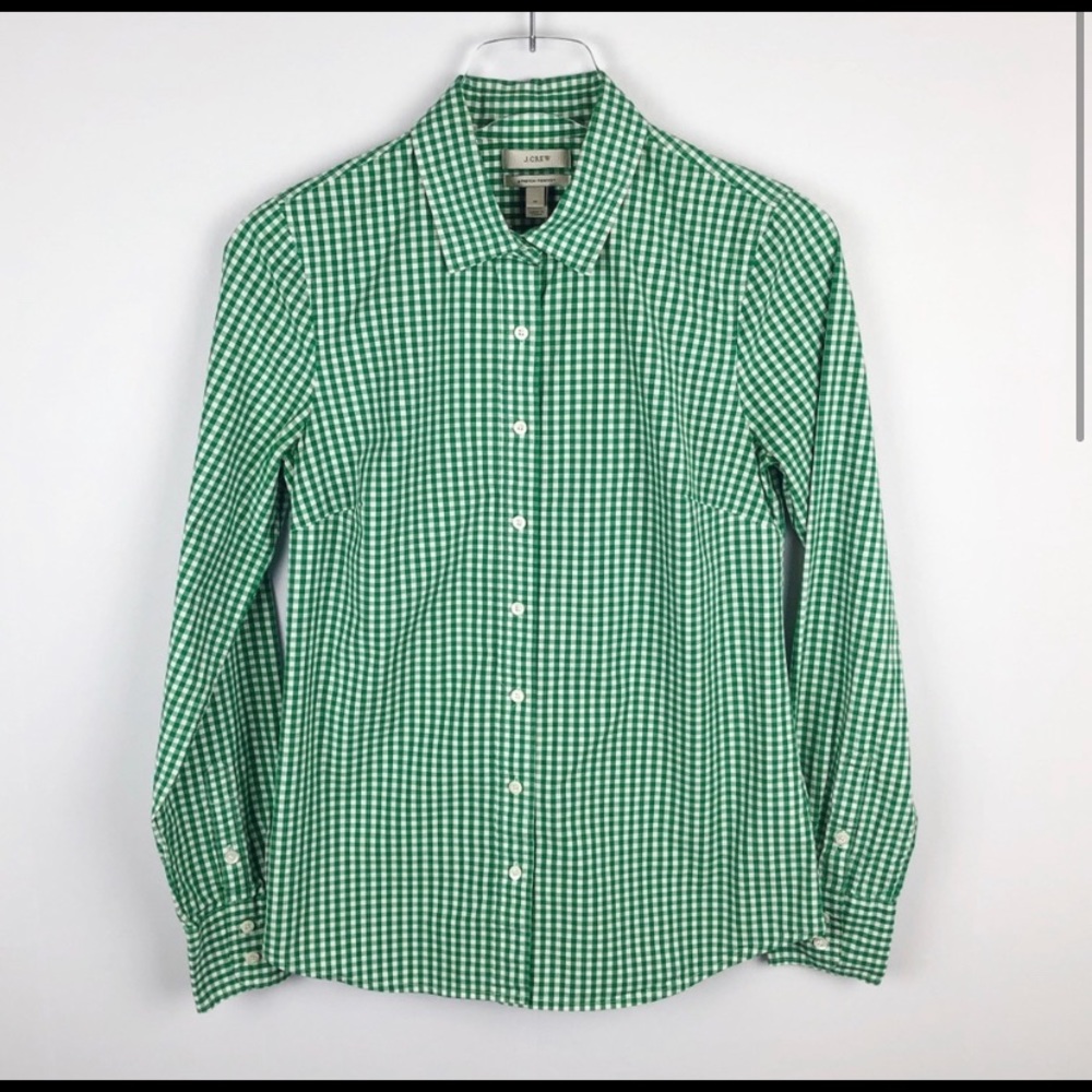 J Crew Stretch Green Gingham Dress Shirt